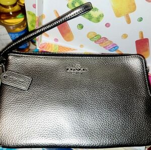 Coach Metallic Pewter Leather Wristlet with Strap